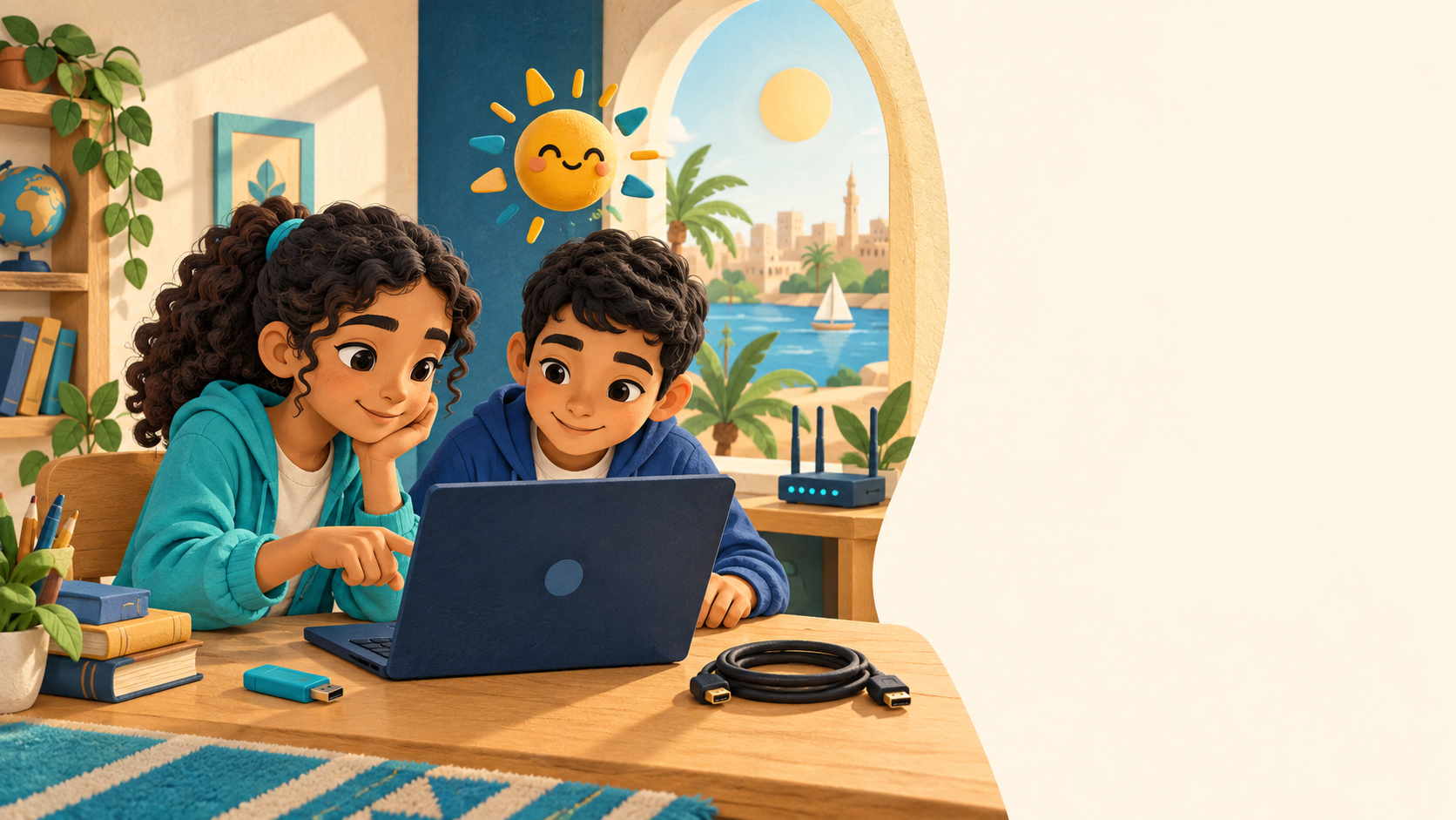 طفلان يجهزان عرضاً على الكمبيوتر في استوديو تعلّم مليء بالفضول.